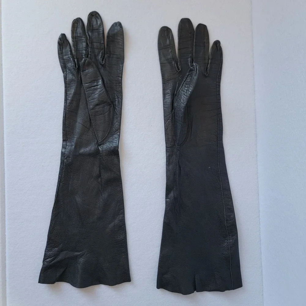 Vtg Ladies Long Opera Kislav Kid Leather Black Gloves Sz 6 1/2